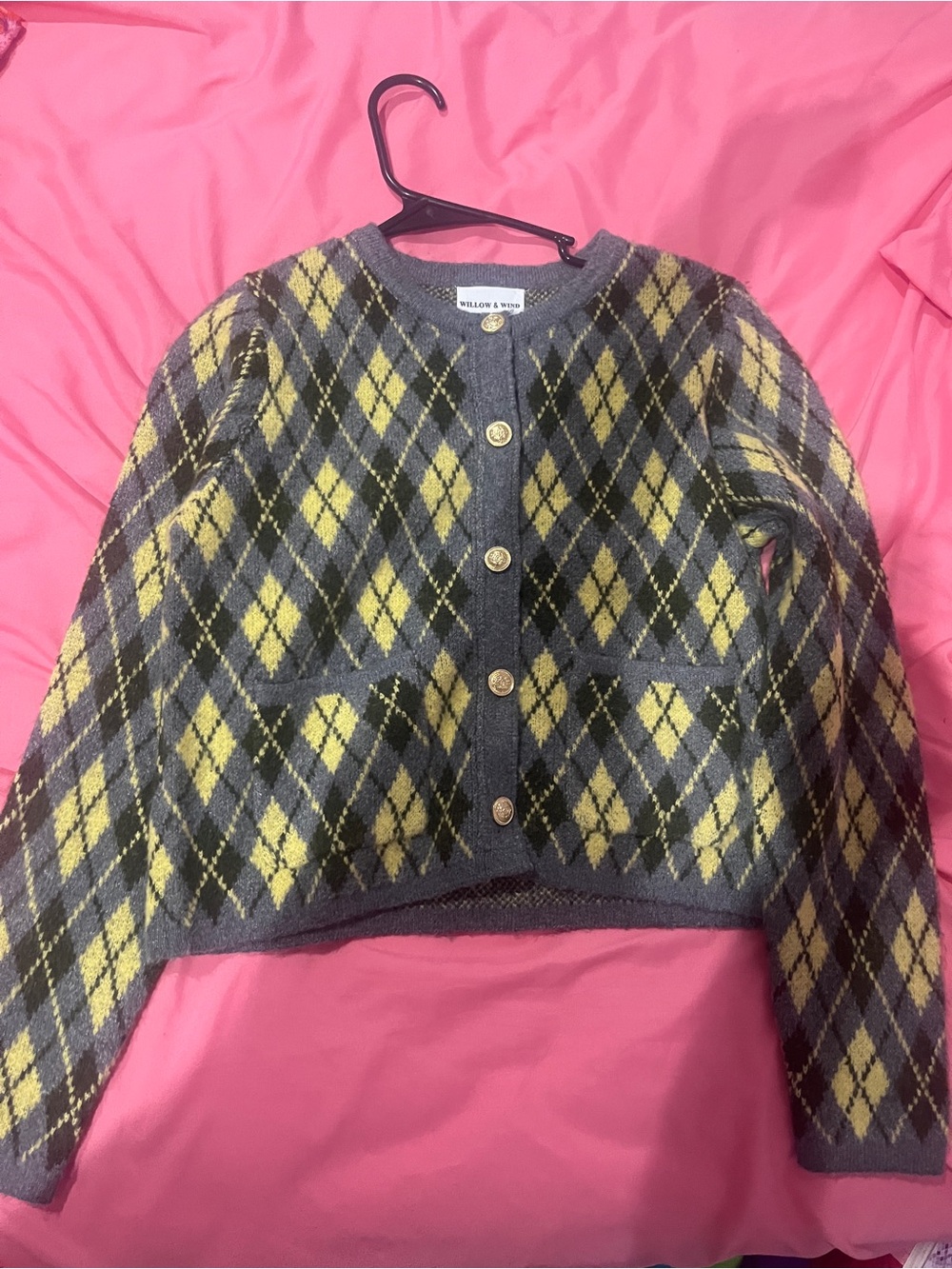 Gray and Yellow Argyle Button-Up Sweater